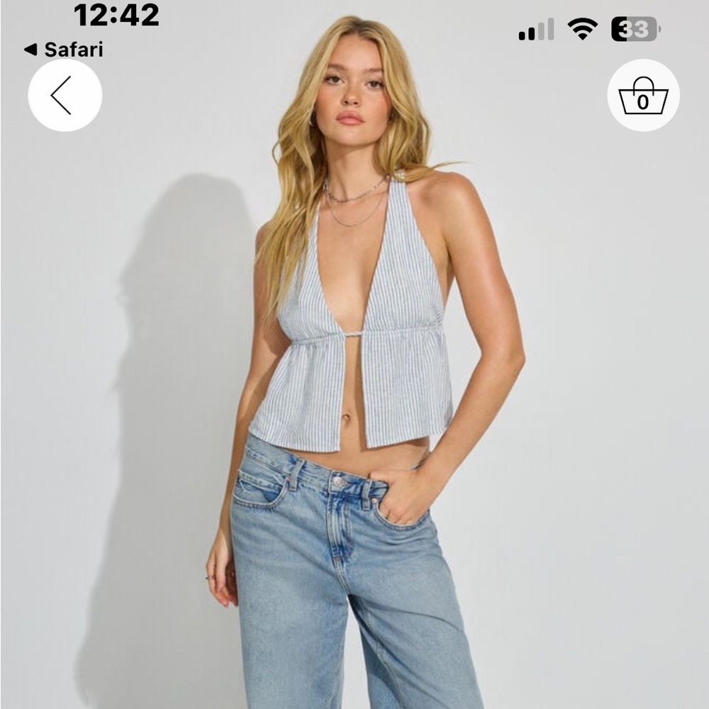 Garage Blue and White Striped Open Back Halter Top